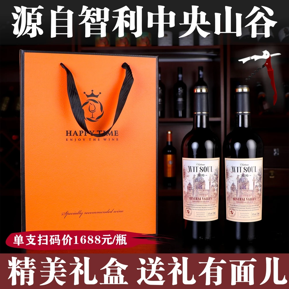 智利进口中央山谷产区智灵魂古堡干红葡萄酒750ml*2支精美礼盒装
