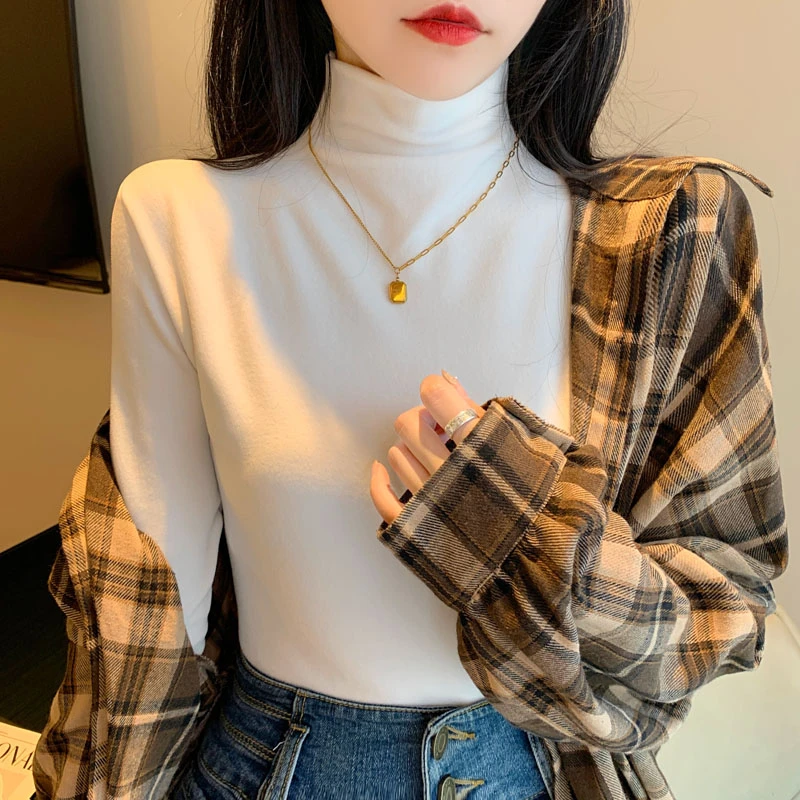 高领打底衫女秋冬2022新款内搭白色长袖t恤纯棉洋气上衣磨毛衣服