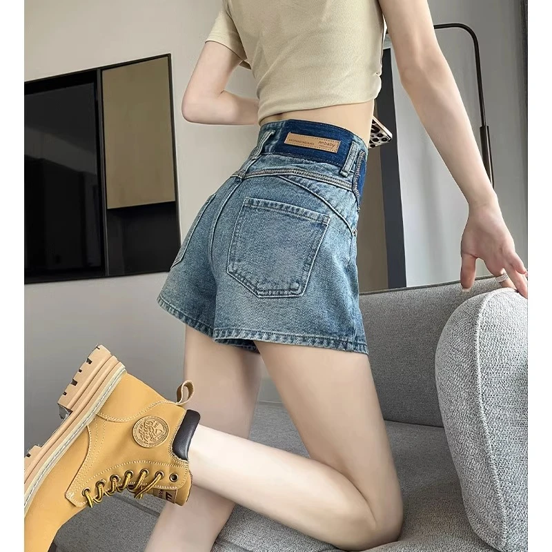撞色牛仔短裤女2025夏季新款薄款a字高腰宽松小个子阔腿辣妹热裤