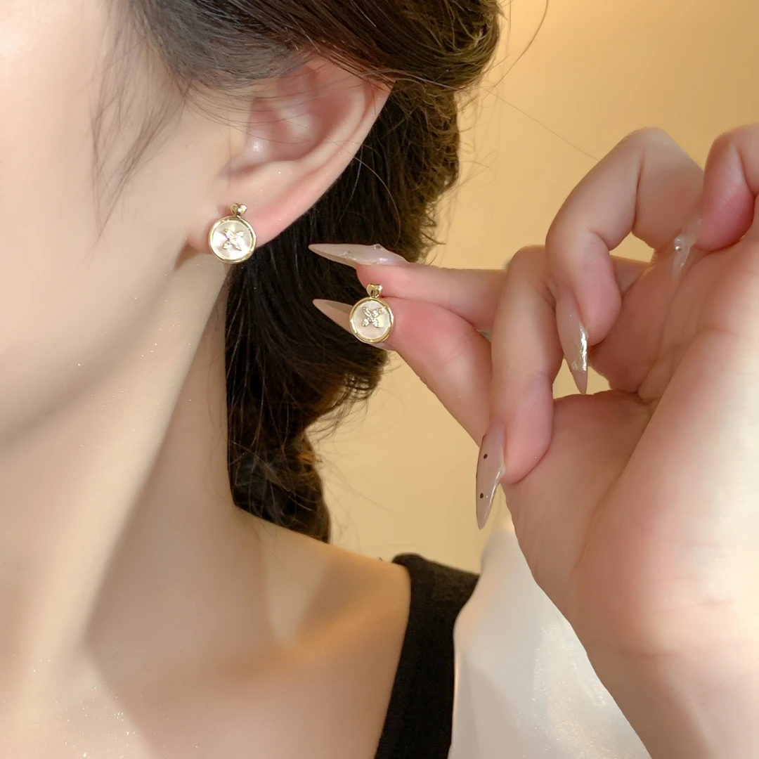 R1407金色幻彩圆型镶嵌春夏法式气质耳针