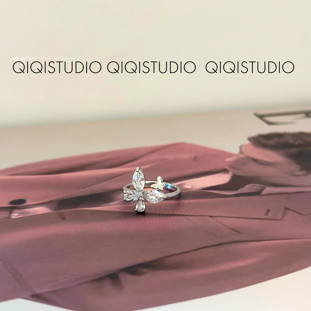 铜合金锆石戒指 小众设计精致超闪锆石冰晶蝶舞蝴蝶开口戒指