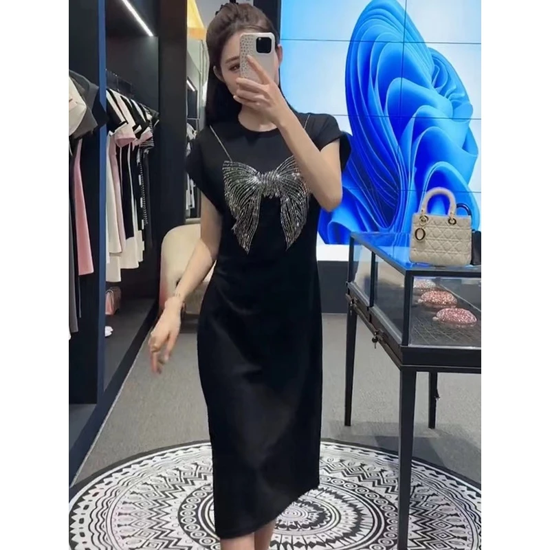 高级感亮钻蝴蝶结短袖针织裙夏季爆款气质褶皱收腰显瘦开叉连衣裙