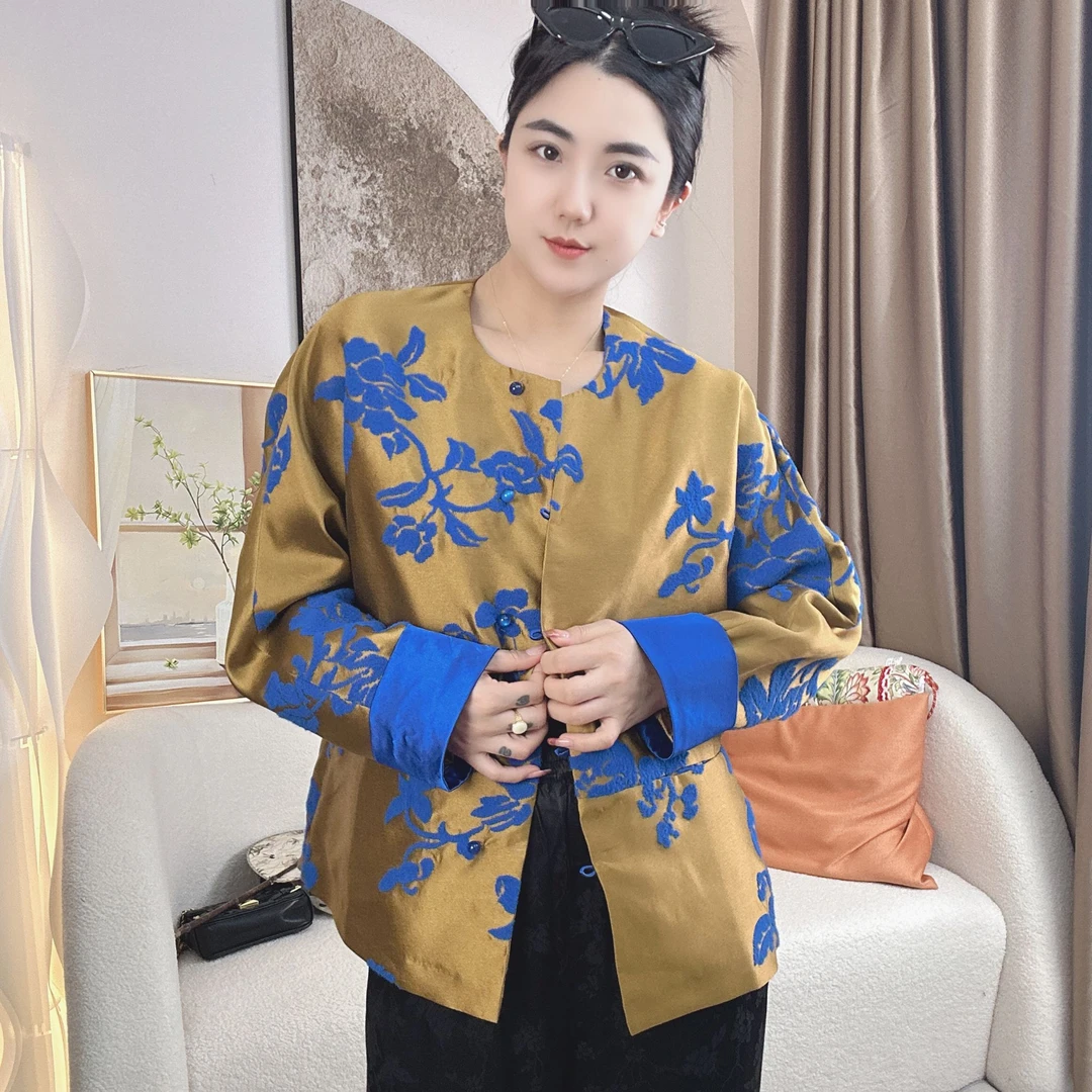 【元素家】“秋意浓”新中式毛巾绒浮雕枫叶时尚气质棒球服外套09710