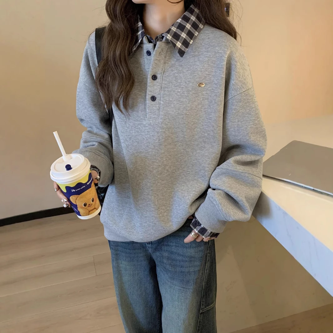 【JianRuo】假两件egg拼接格子领加绒卫衣冬新款女慵懒减龄长袖上衣