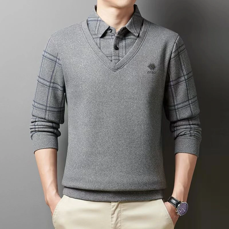 男士爸爸毛衣加绒加厚假两件打底衫保暖上衣服冬季中老年男装t恤