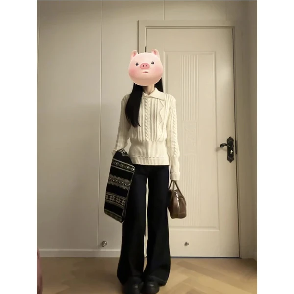 加厚毛衣女秋冬韩系慵懒高级感翻领绞花收腰显瘦百搭针织裤子套装