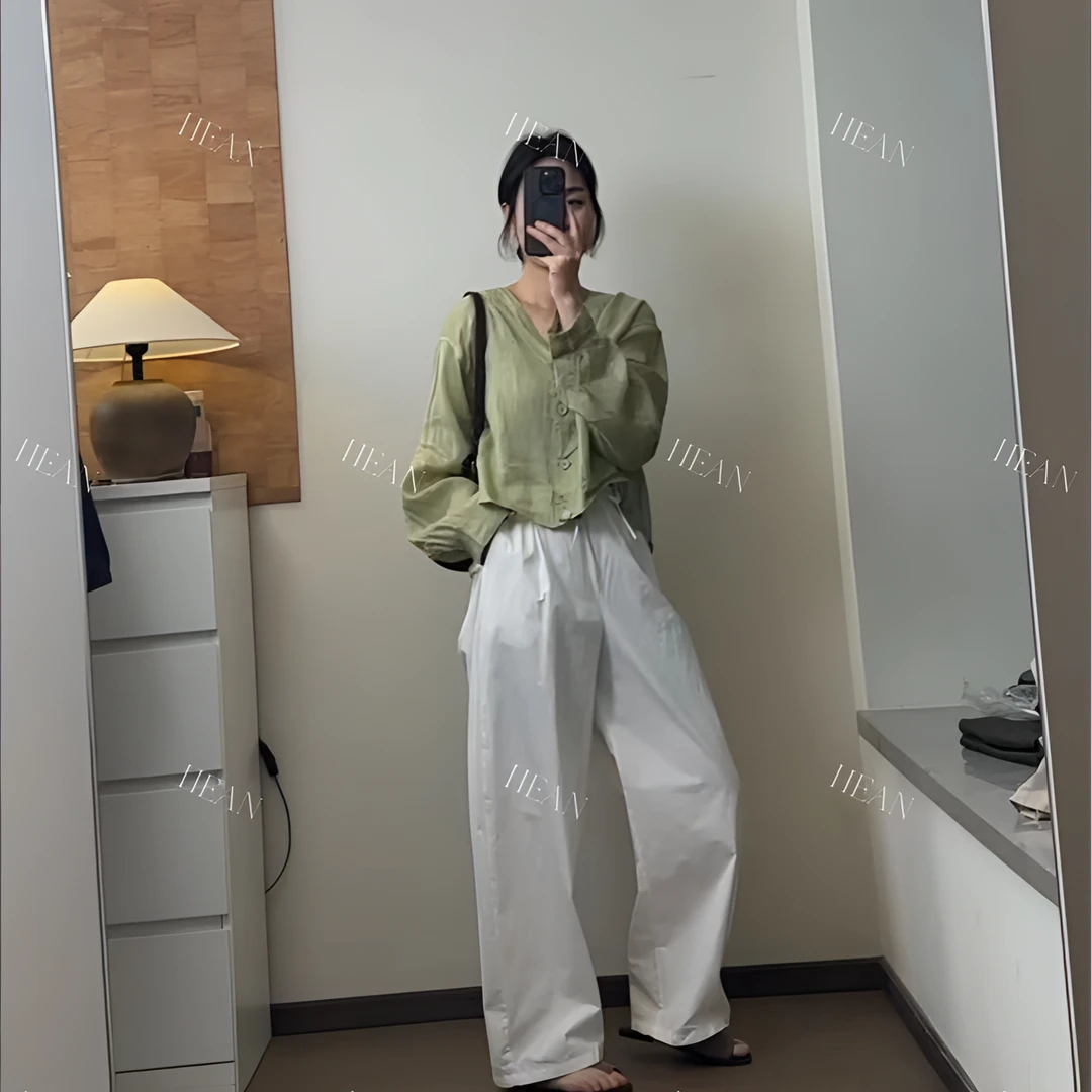 禾桉/HEAN  苎麻料夏日氛围感气质小众短款小衫 褶皱短款防晒衬衫