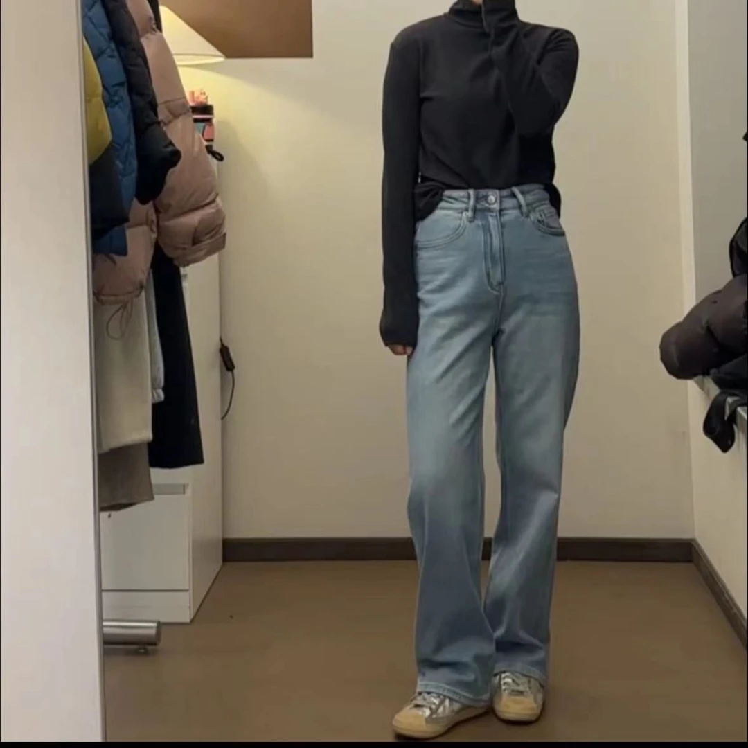 禾桉/HEAN 理想与包容 经典复古美式高腰显瘦蓝色直筒窄版阔腿裤