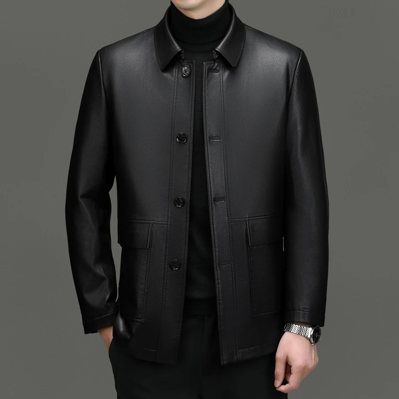 【海宁】8118新款翻领纽扣秋冬男士高档加绒保暖商务休闲真皮皮外套