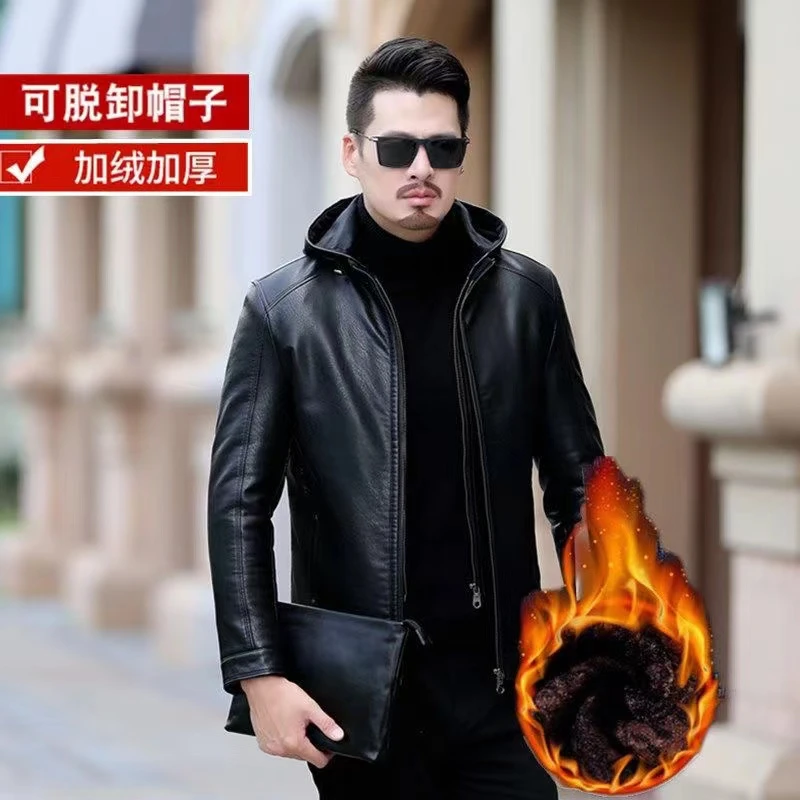 【帽子可脱卸】海宁男士皮衣秋冬新款加绒加厚款男装皮衣外套2118