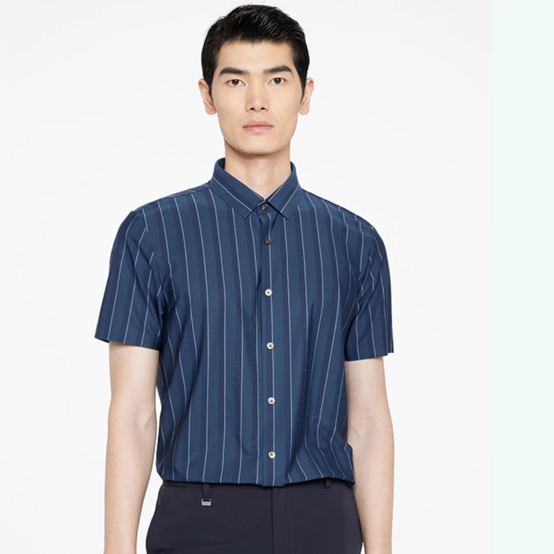 潮流短袖丝光棉村衫休闲百搭翻领条纹衬衫修身男士上衣夏季衬衣