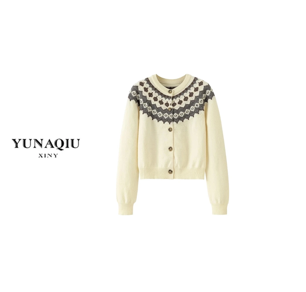 秋上新小香风上衣女秋冬新款圆领修身提花长袖针织开衫外套-7960