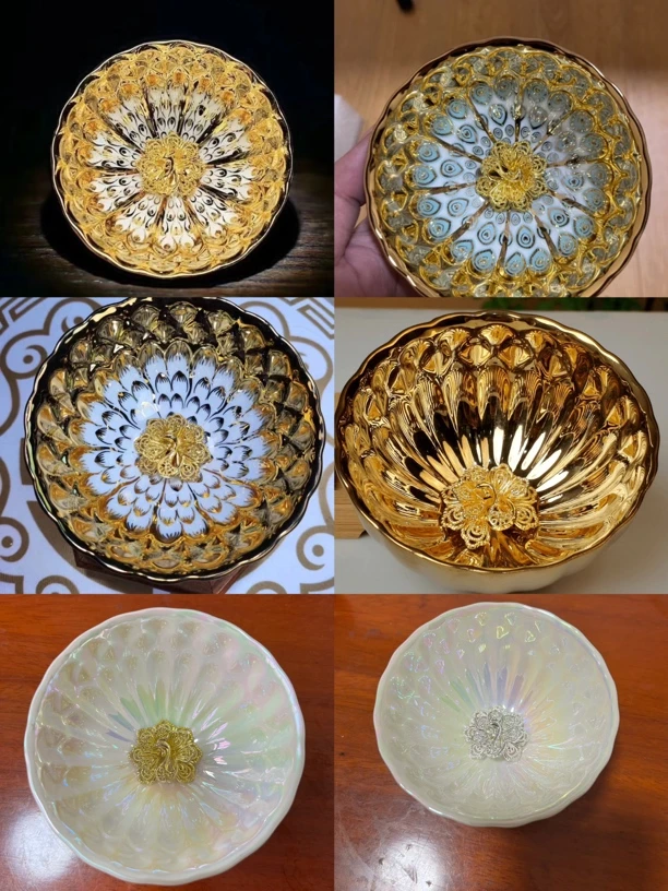 （六支装）白呗七彩金孔雀手工镶嵌陶瓷茶杯主人杯