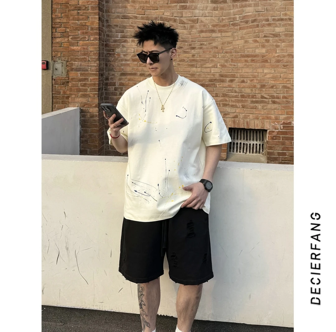 夏季美式潮牌重磅280g纯棉泼墨短袖T恤男士潮流休闲圆领半袖上衣