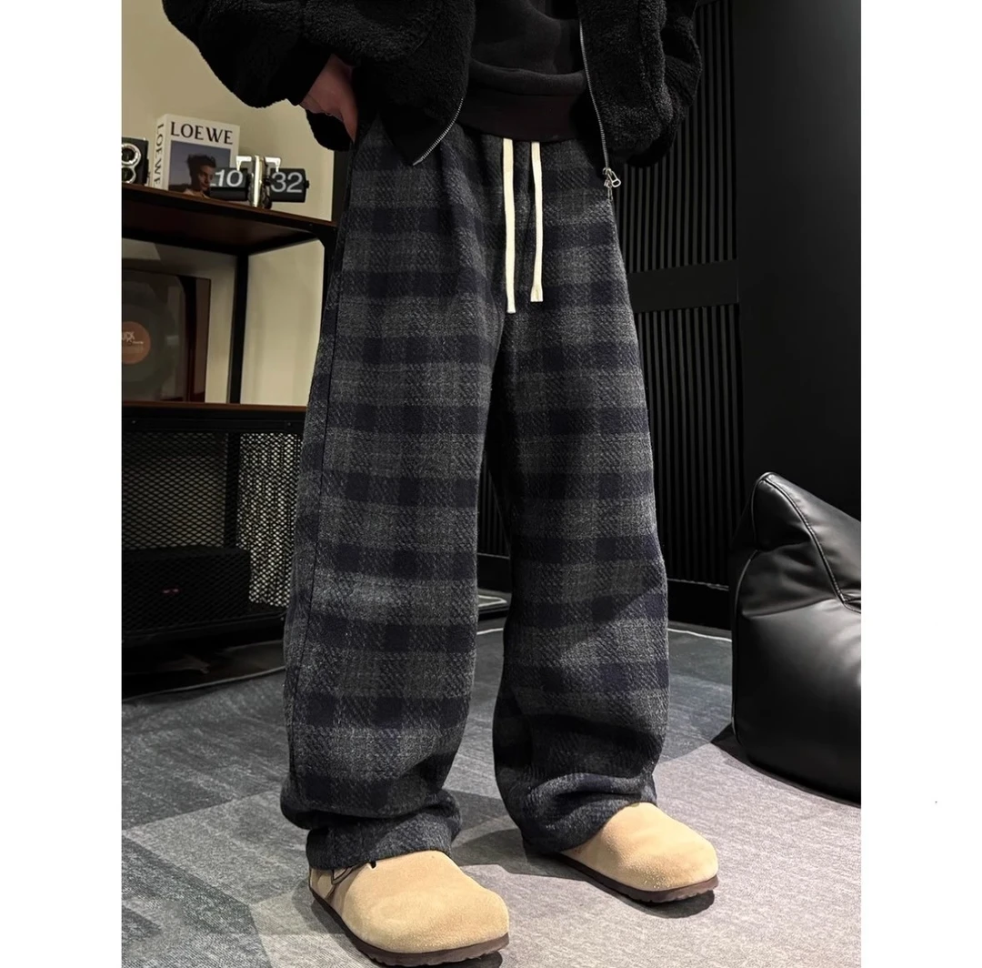 新款重磅棋盘格加绒休闲裤男女同款冬季慵懒风宽松阔腿休闲长裤
