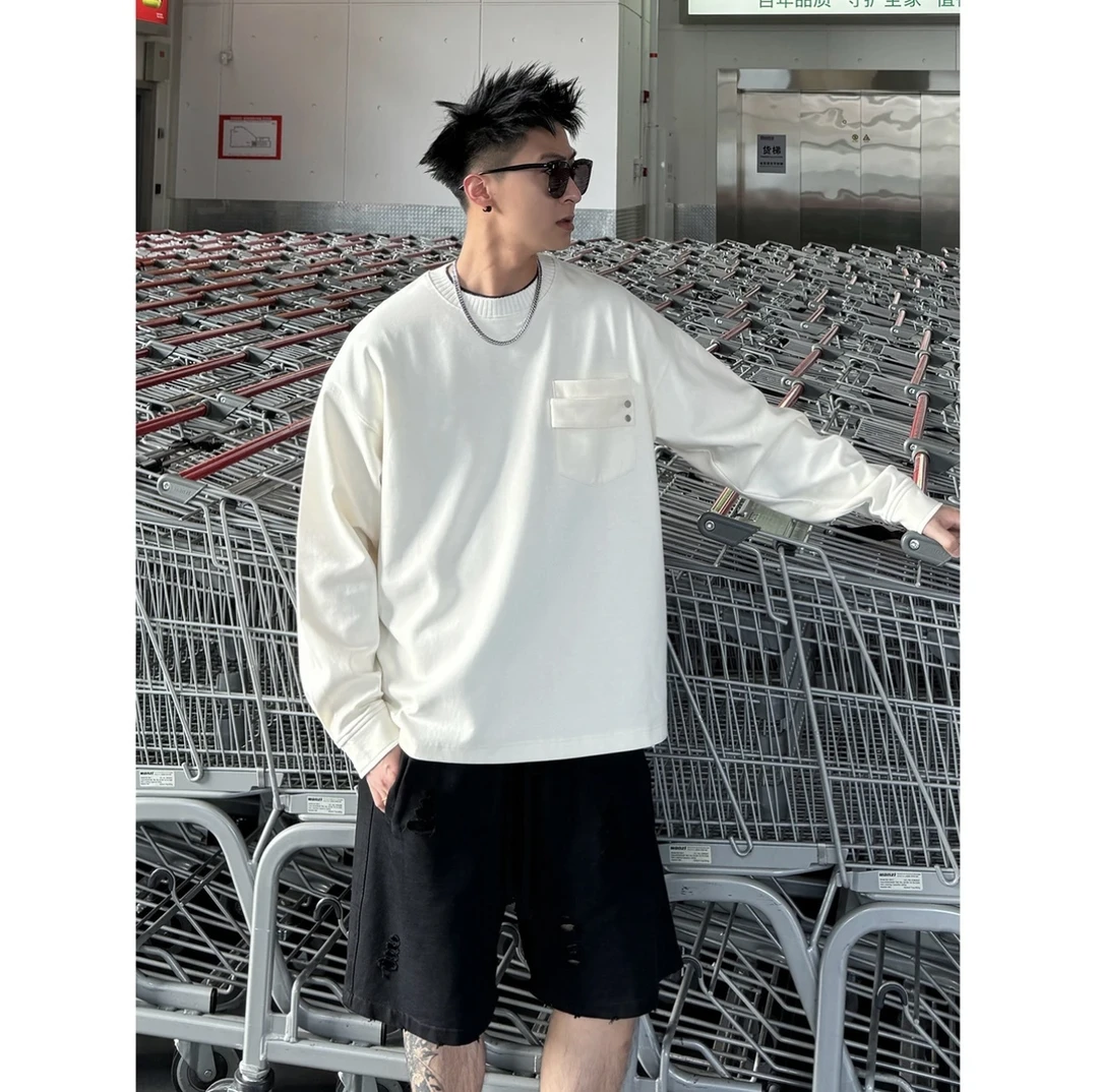 美式复古重磅纯棉街头感长袖T恤男秋冬打底衫卫衣男士百搭情侣潮