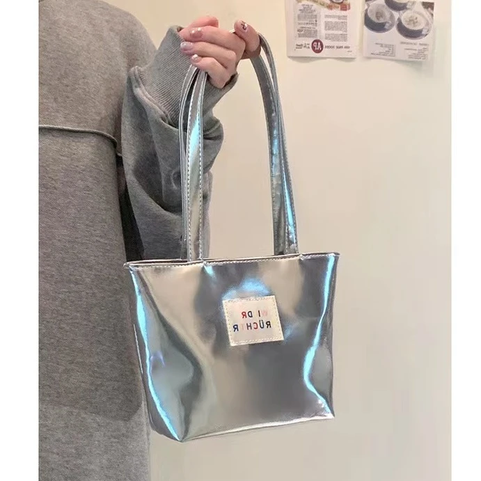 韩版复古银色包包女2024新款单肩托特包简约手提包百搭时尚腋下包