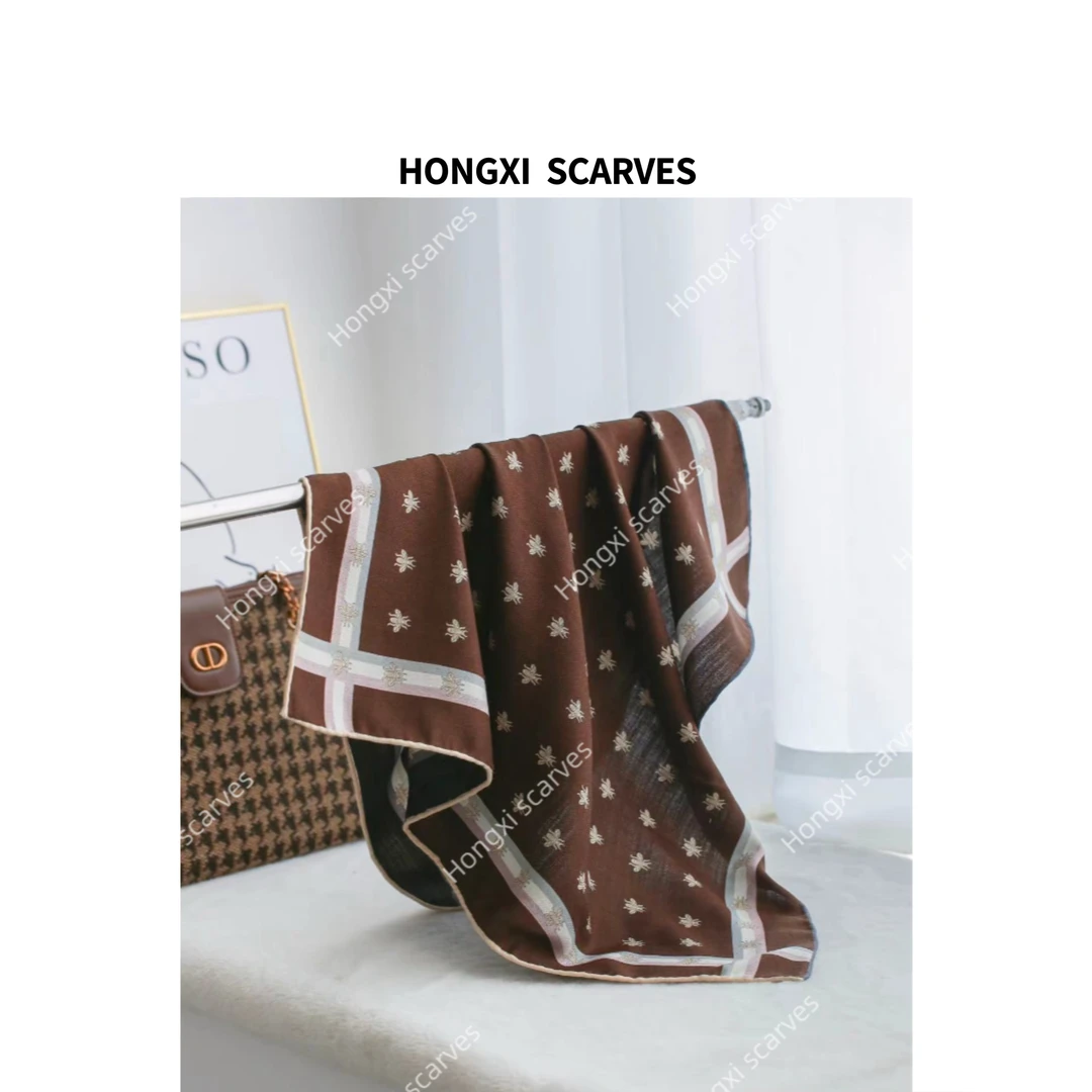 丝毛双面黑咖小蜜蜂60方巾女士丝巾搭配秋冬保暖围巾披肩外搭B147