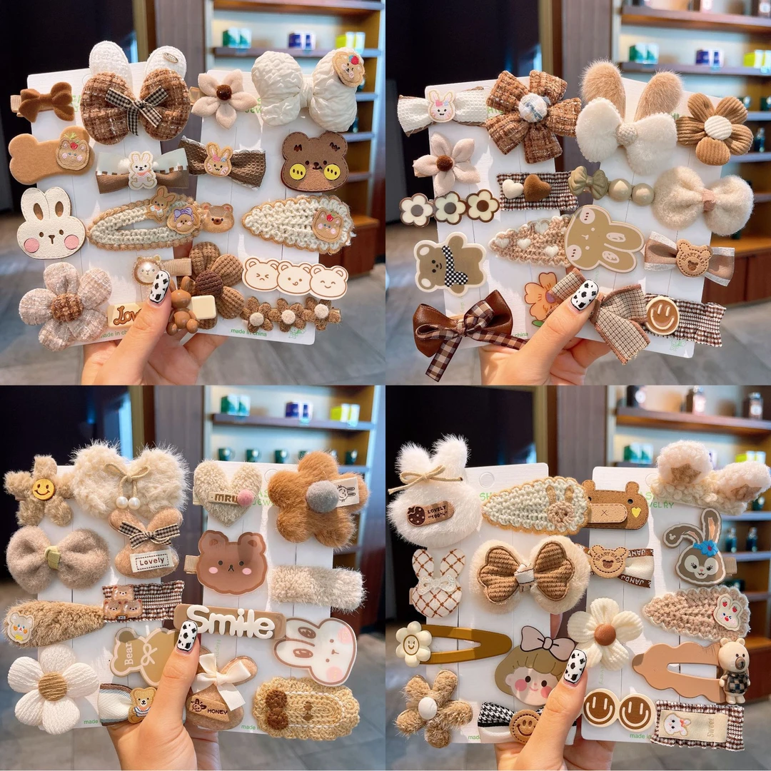 奶咖色秋冬发卡亚克力卡通刘海夹毛绒蝴蝶结碎发边夹儿童头饰套装