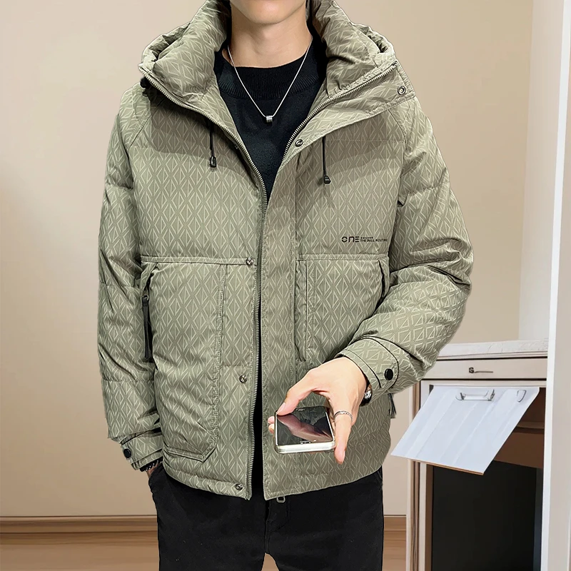 冬季2024新款印花白鸭绒羽绒服连帽时尚高端短款加厚男士外套冬装
