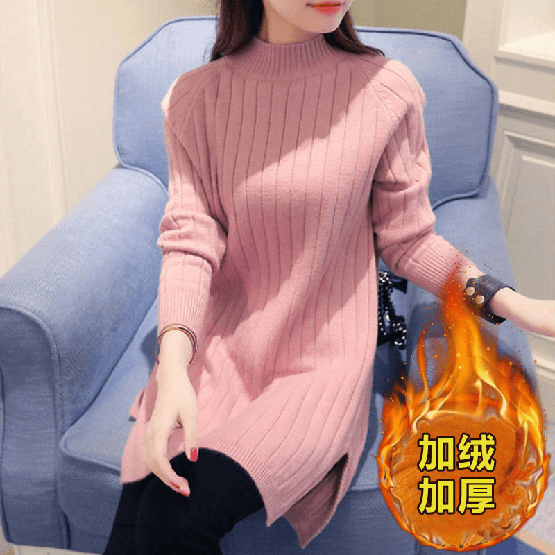 中长款打底衫毛衣女上衣潮加绒加厚大码半高领韩版女装宽松针织衫