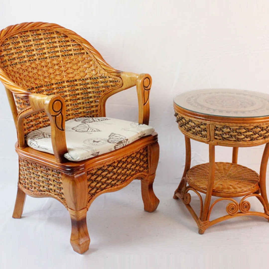 天然藤编椅家用阳台休闲椅靠背椅中式田园真藤茶桌椅套装扶手椅子