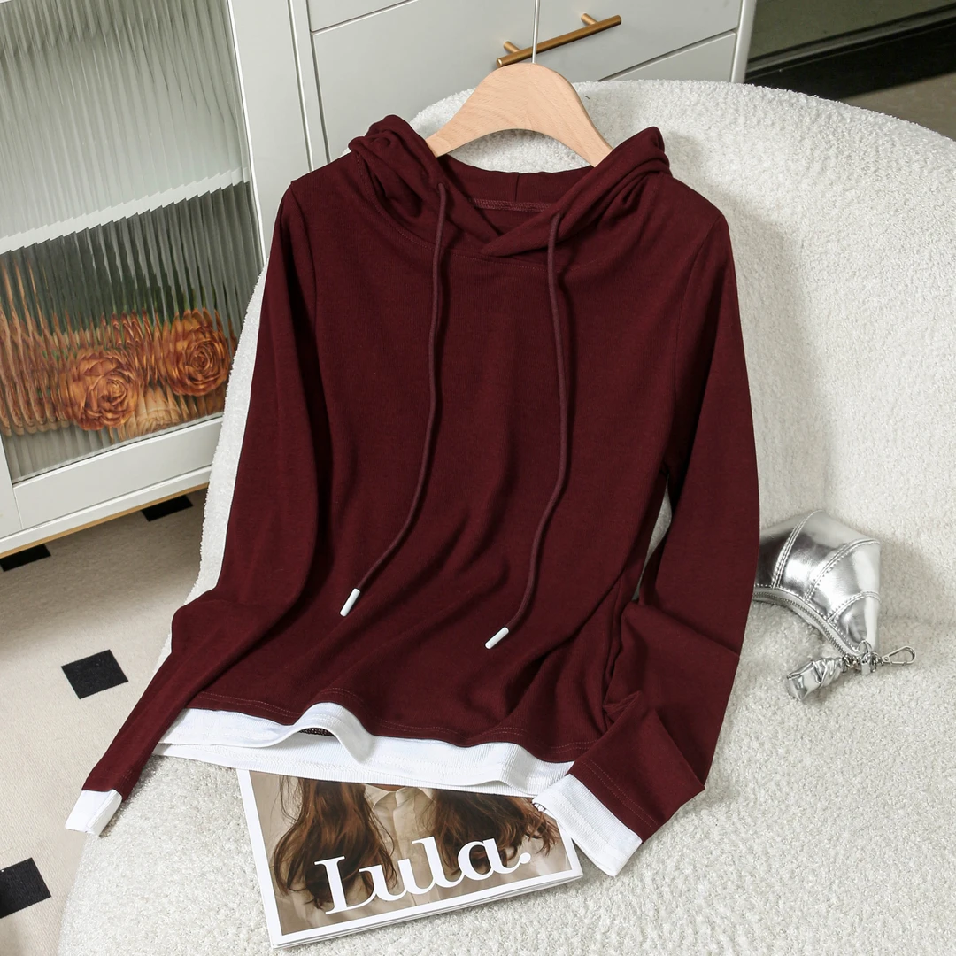 EC原创时髦撞色假两件舒适轻柔弹力修身套头圆领打底衫T恤7136