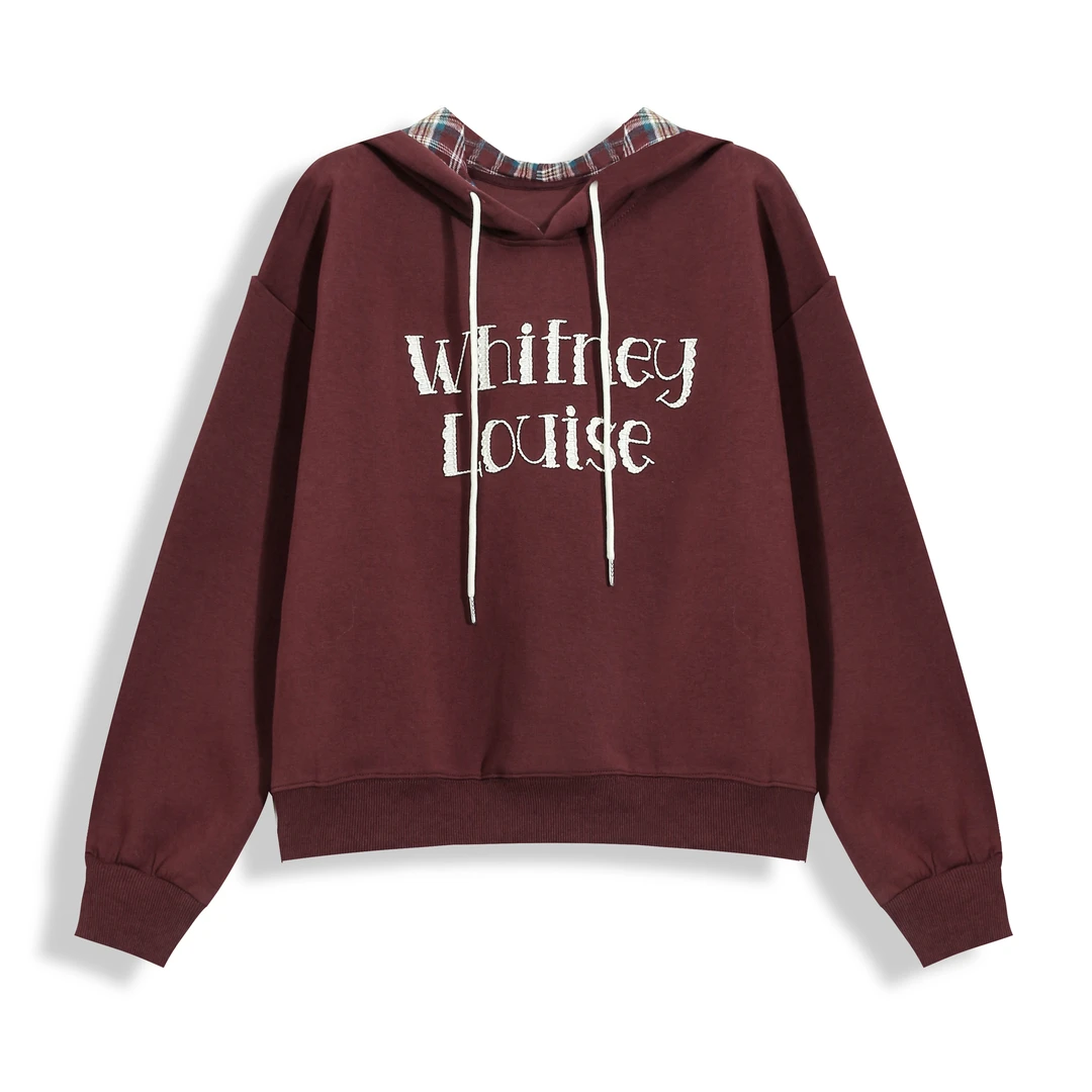 宁熙ec原创秋季简约百搭韩系拼接格子连帽减龄印花休闲卫衣8091