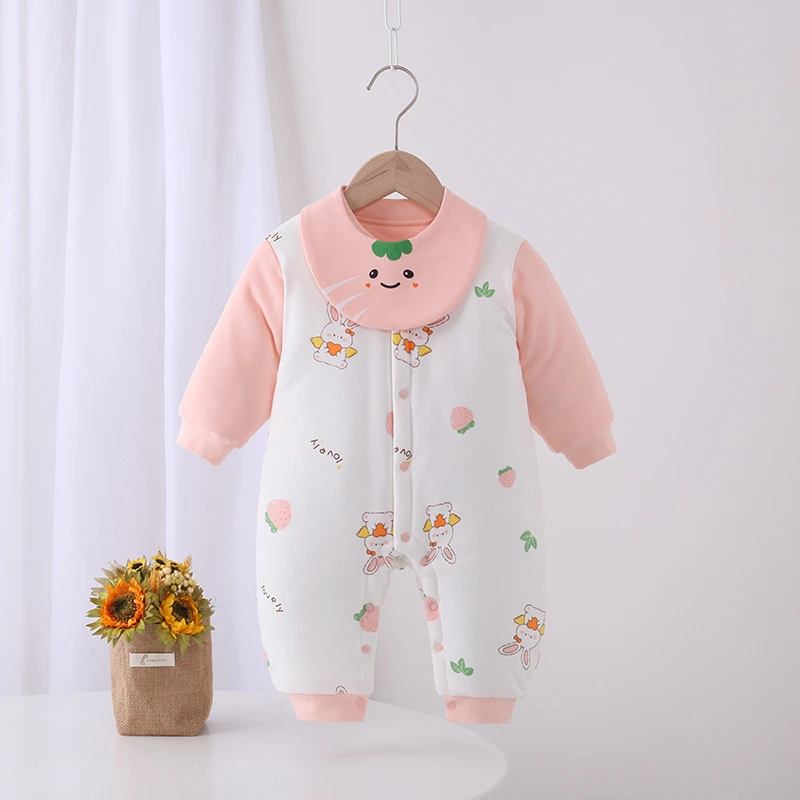 冬季新款婴儿卡通连体衣新生儿夹棉加厚无骨哈衣爬服宝宝棉服现货