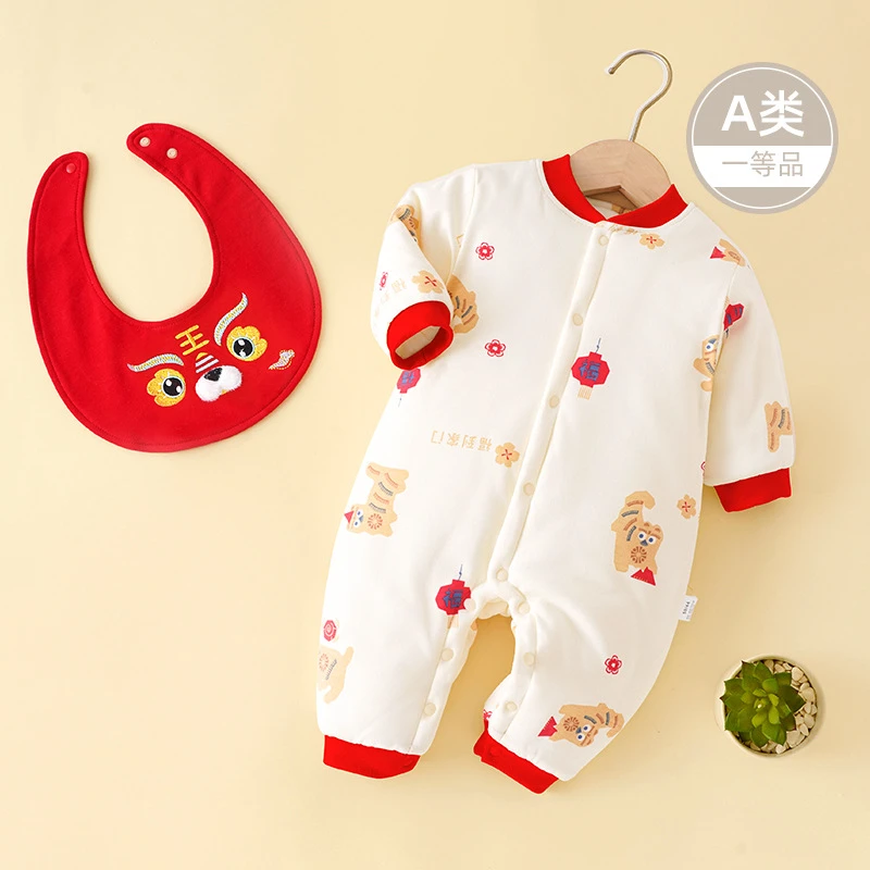 新生儿拜年服冬季宝宝加厚保暖睡衣虎年哈衣爬服婴儿新年装连体衣