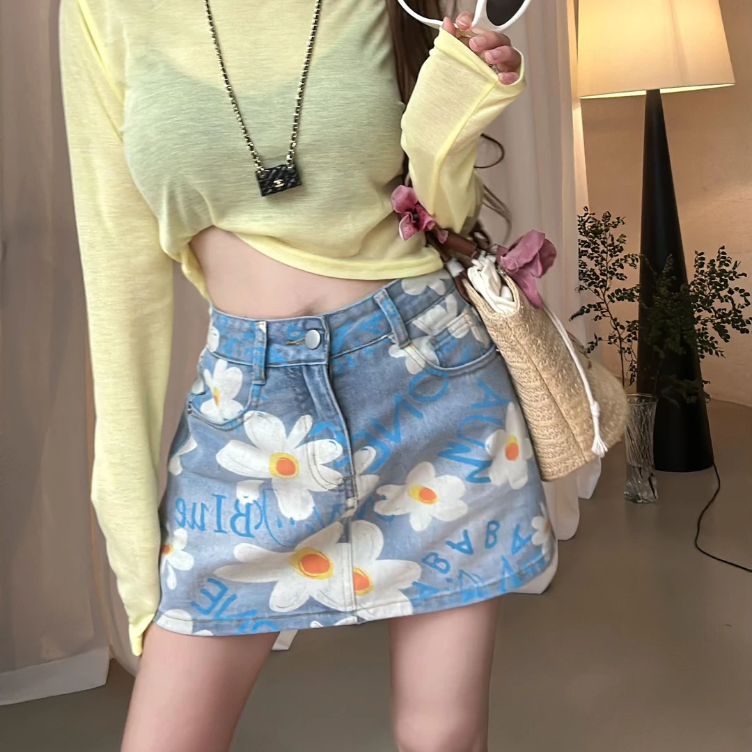 HuiHui 【白玉兰山】 满印小雏菊牛仔半身裙短裙 有里衬不走光（A185