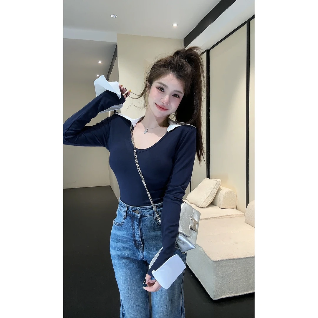 HuiHui【太阳印记】东大门韩版气质撞色翻领袖口设计感T桖上衣（A811