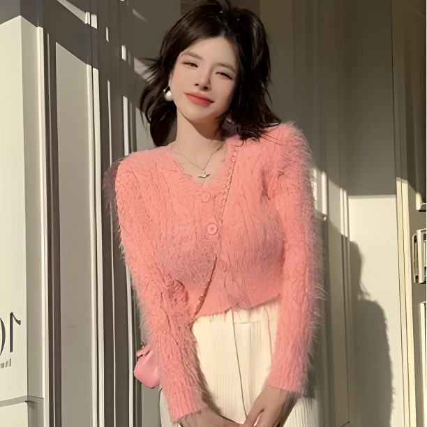 【HUHUI】软糯V领短款破洞毛衣女秋季新款长袖毛毛小开衫外套86057