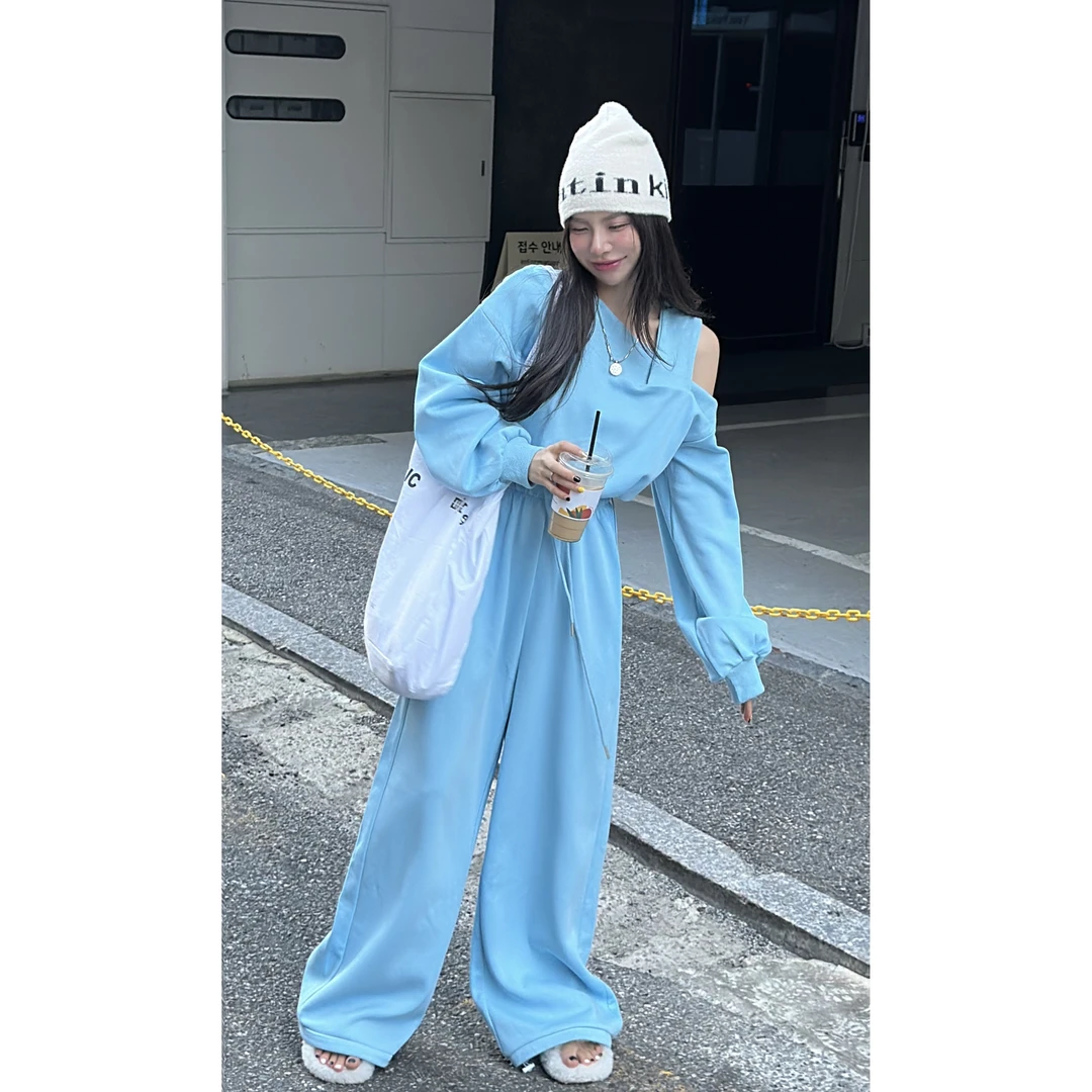 【HuiHui】韩国东大门单肩设计卫衣上衣/纯色休闲直筒裤套装（A925）