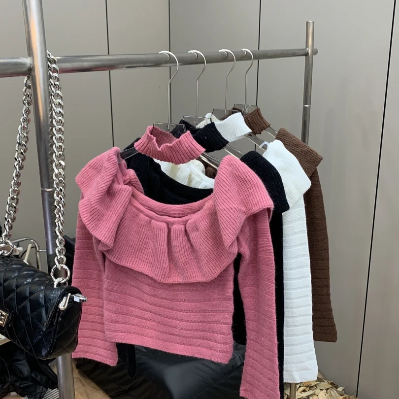 气质甜美一字领荷叶边长袖百搭修身针织上衣 92853