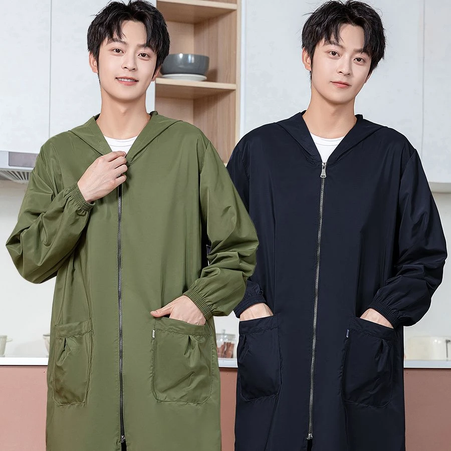 罩衣男长袖工作服户外防水防油大人春秋薄款纯色大褂家用厨房围裙