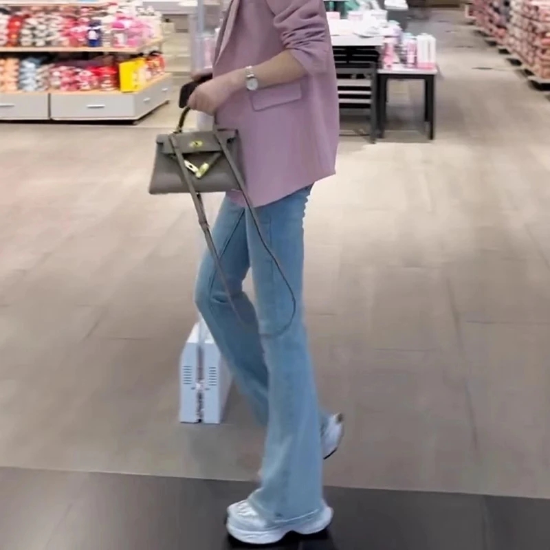 气质秋冬爆款浅蓝加厚窄版微喇牛仔裤高腰弹力洋气百搭修身马蹄裤