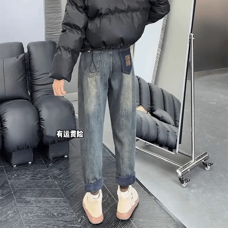 2025春秋冬季新款大码哈伦牛仔裤子微胖MM复古蓝宽松老爹裤子加绒
