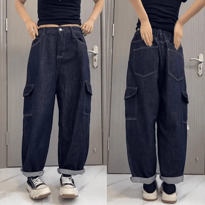 2024秋季大码女装口袋宽松工装哈伦牛仔裤梨形身材显瘦阔腿老爹裤