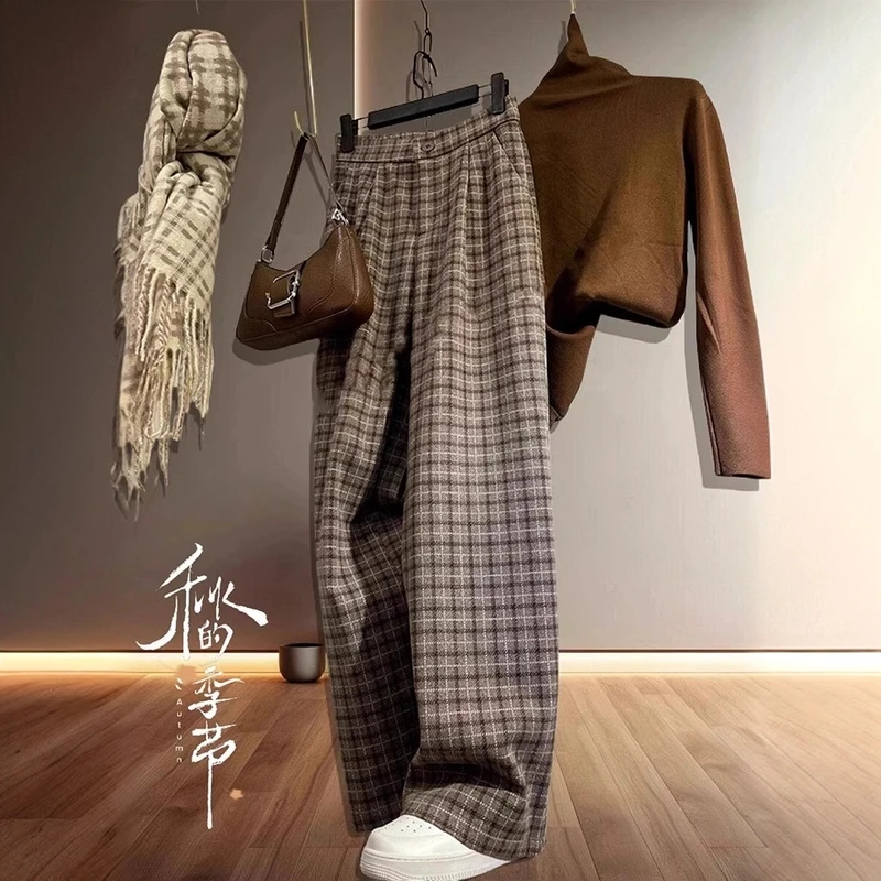 卡其色格子慵懒休闲裤女胖MM复古毛呢宽松显瘦高腰阔腿裤秋冬新款