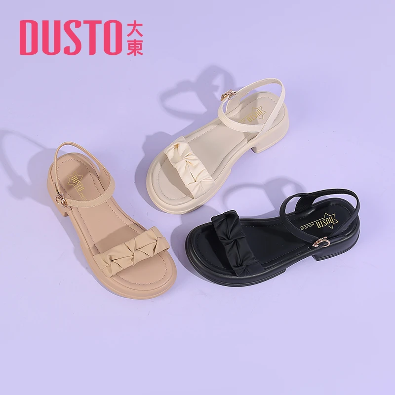 DUSTO/大东一字带凉鞋女2024年夏季新款甜美褶皱中跟粗跟女鞋0220