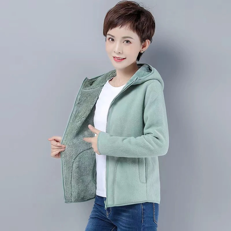 户外抓绒衣男女情侣秋冬加绒加厚双面穿摇粒绒珊瑚绒开衫连帽外套
