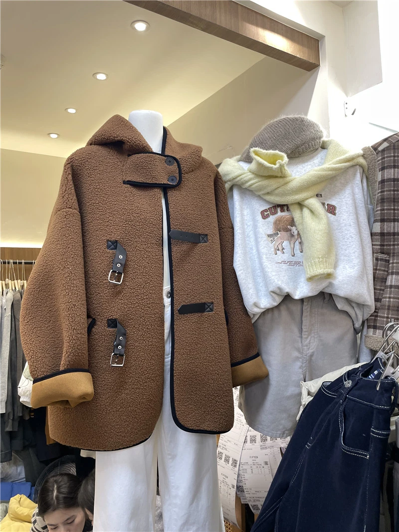 皮毛一体羊羔毛外套女连帽韩版秋冬新款宽松加厚毛毛绒中长款大衣