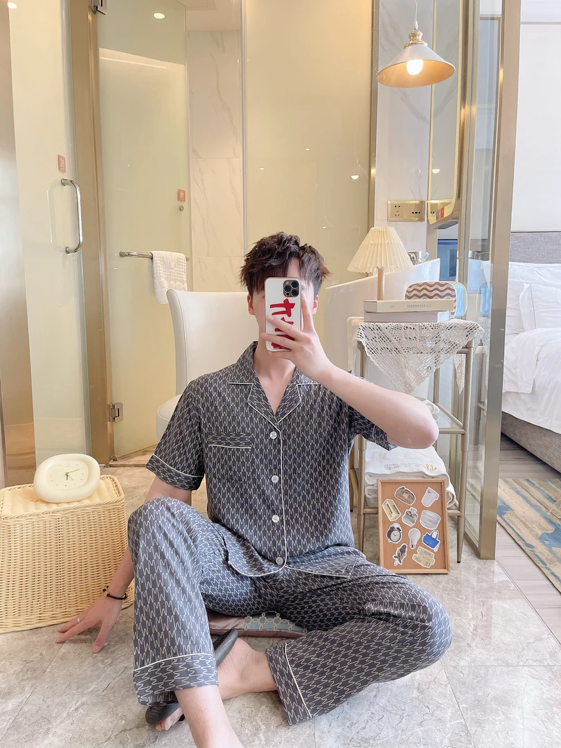 夏季男士薄款绵绸中老年短袖长裤睡衣套装棉绸青年家居服人造棉