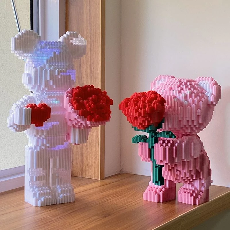捧花玫瑰告白小熊兼容乐高微小型积木颗粒拼装生日礼物情人节