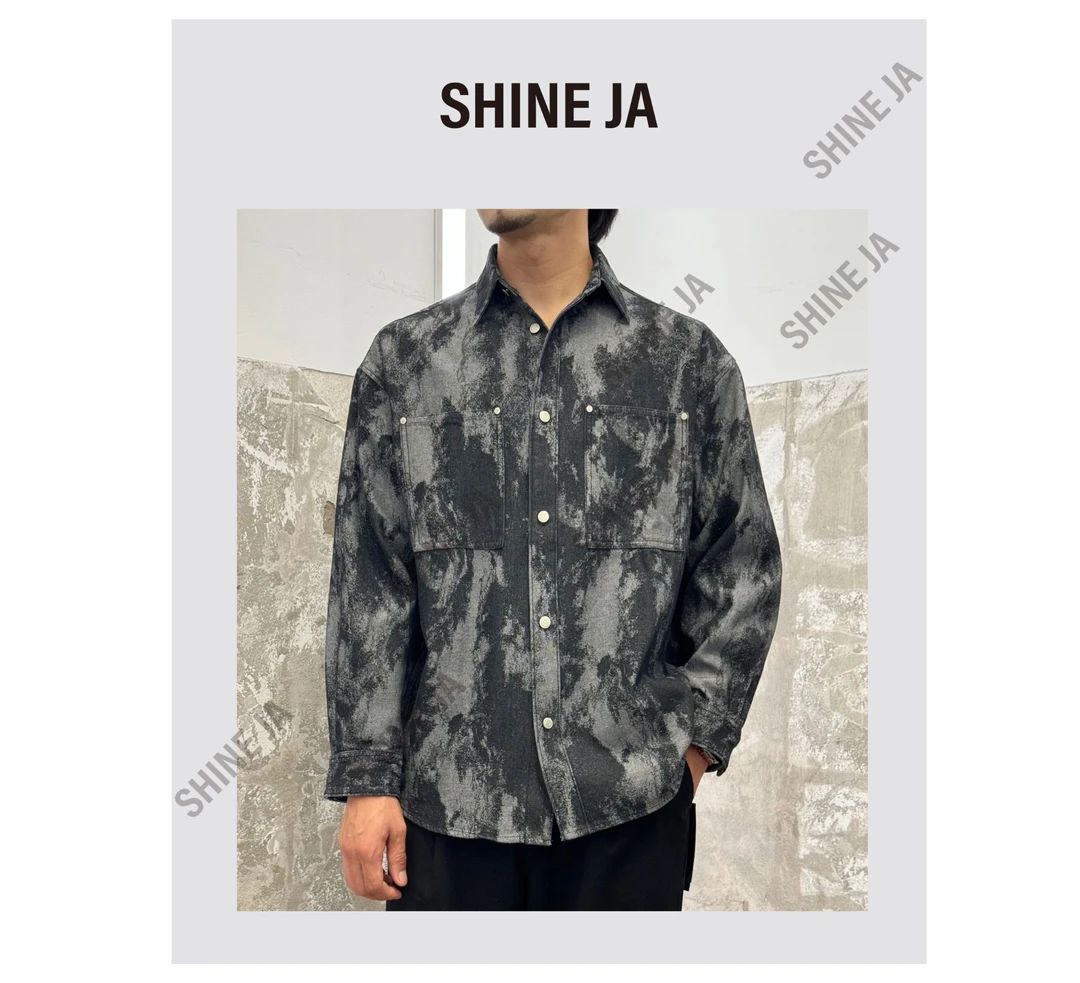 「SHINE JA」重磅复古日韩微廓形极简长袖牛仔衬衫夹克休闲男外套