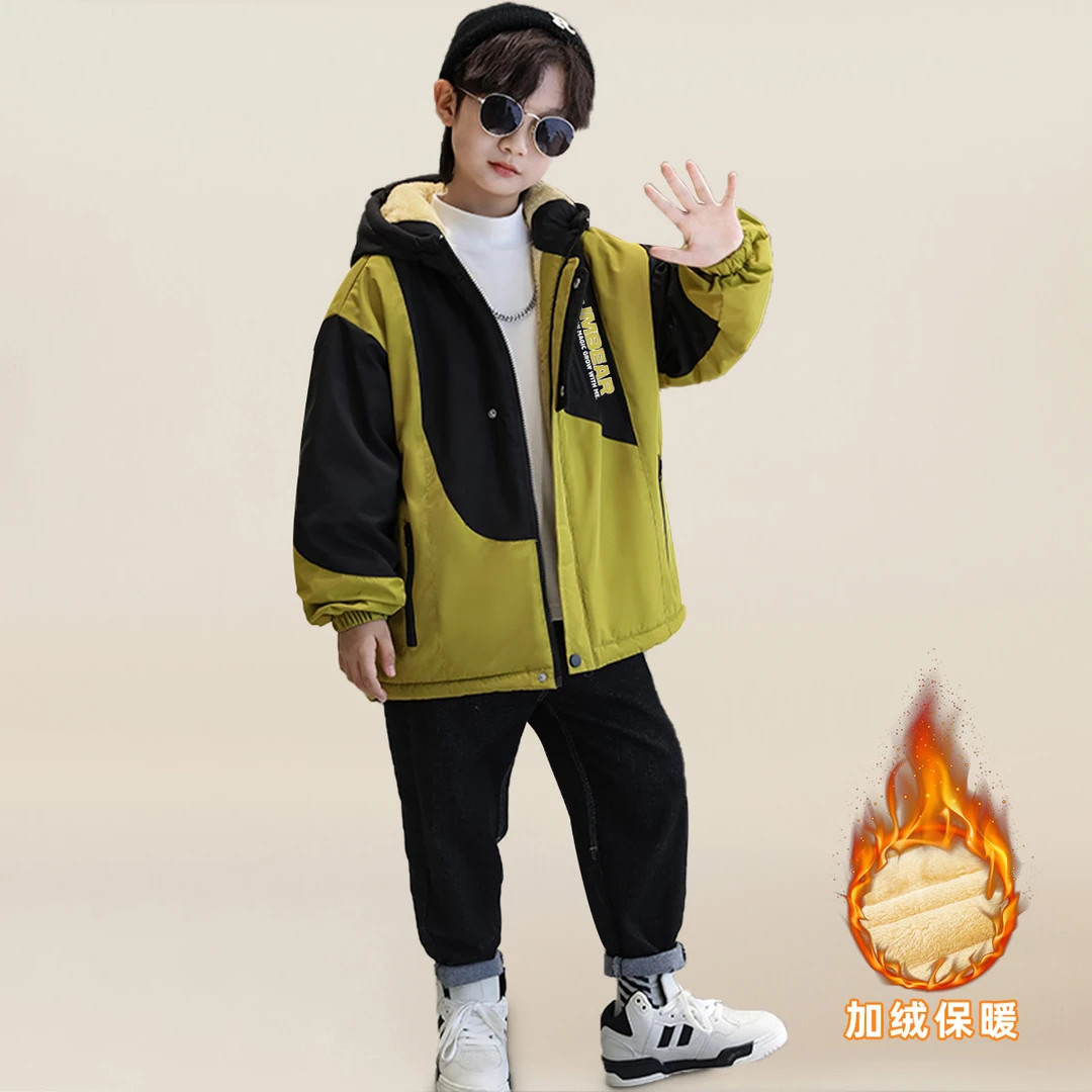 男童连帽加绒加厚夹棉外套潮流中大童保暖韩版秋冬季新款棉服J007