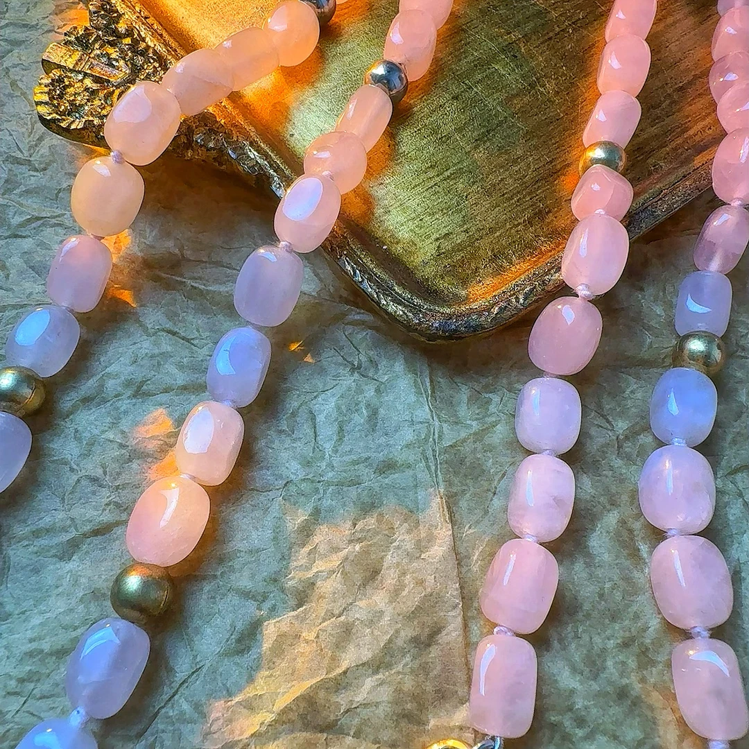 铜石英石项链 中古款轻奢小众设计师高订石头绝版项链粉长链