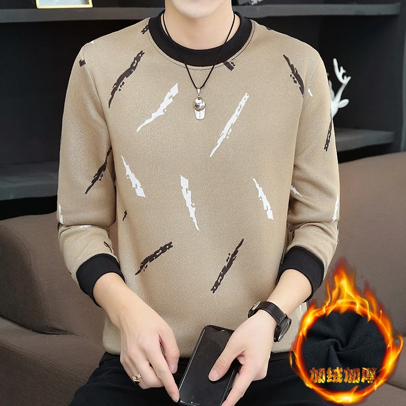 加绒加厚毛衣男冬季线衣男士宽松圆领套头针织衫上衣保暖长袖男装