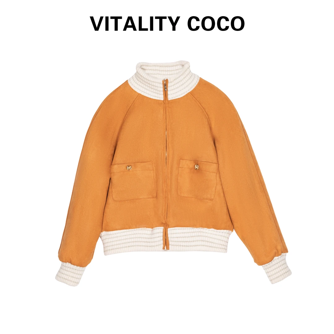 「VITALITY COCO」秋冬拉链美拉德高领麂皮拼接外套冬季外套-764